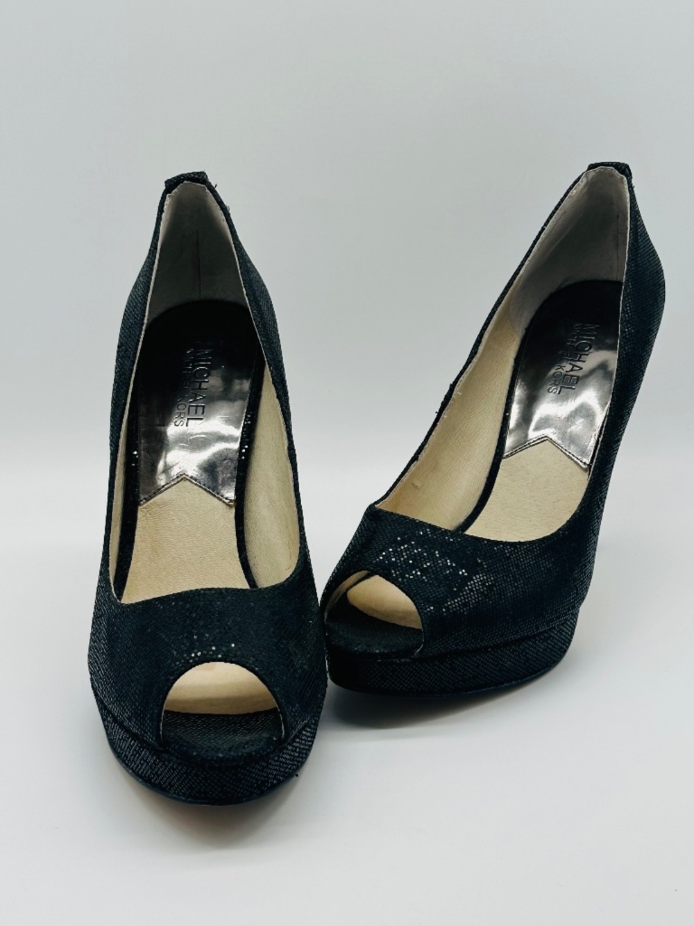 Michael Kors York Black Glitter Peep Toe Platform Pumps Stiletto Heels Size 8.5M